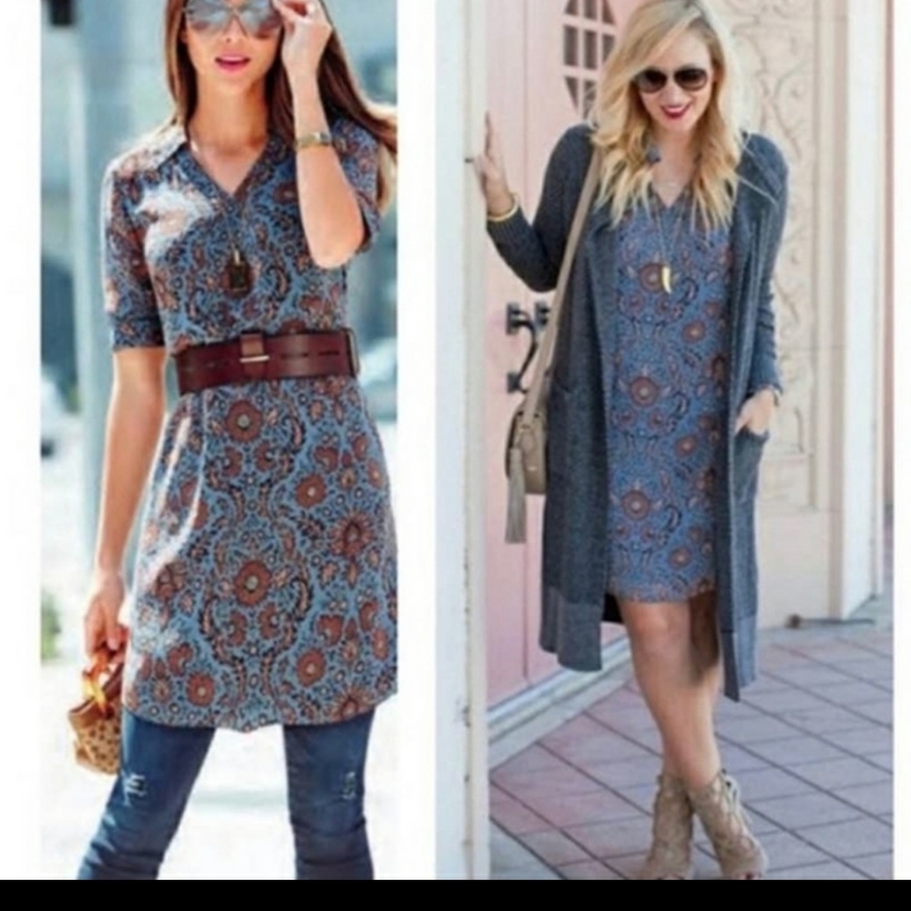 Cabi Provincial Blue Brown Foral Shift Dress M Perfect Fall Dress!